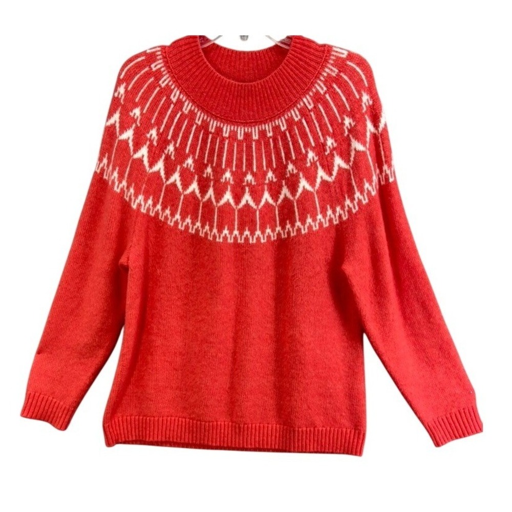 Talbots Petite Sweater‎ XLP Red Fair Isle Wool Blend Nordic Geometric Yoke Knit